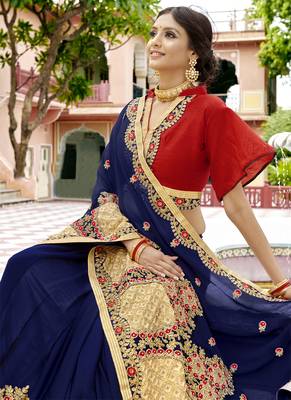 Navy blue embroidered georgette saree with blouse 2