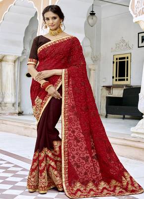 Crimson embroidered georgette saree with blouse 1