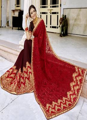 Crimson embroidered georgette saree with blouse 2