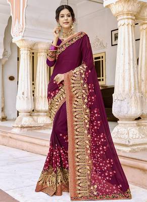 Wine embroidered georgette saree with blouse 1