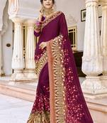 Wine embroidered georgette saree with blouse