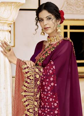 Wine embroidered georgette saree with blouse 2