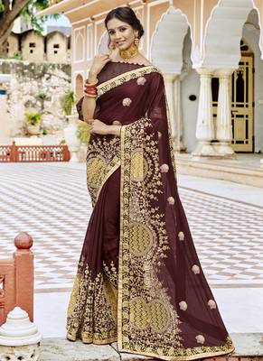 Brown embroidered georgette saree with blouse 1
