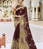 Brown embroidered georgette saree with blouse