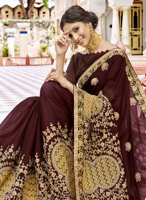 Brown embroidered georgette saree with blouse 2