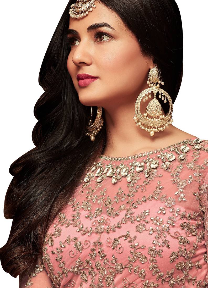 Orange Embroidered Net Salwar With Dupatta