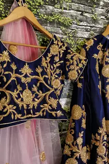 Figurative Navy Blue Dori Zari And Sequins Embroidered Semi Velvet Edding Designer Lehenga Choli