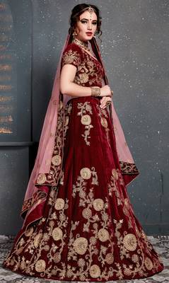 Maroon Dori, Zari And Sequins Embroidered Velvet Semi Stitched bridal lehenga Choli With Dupatta 5