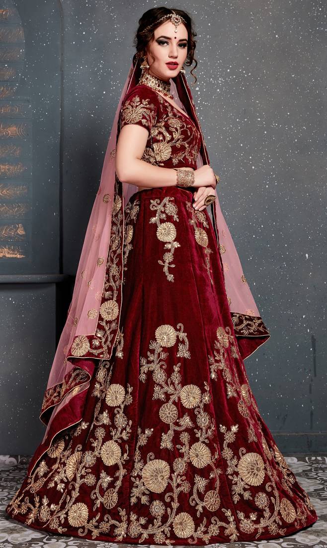 Maroon Dori, Zari And Sequins Embroidered Velvet Semi Stitched bridal lehenga Choli With Dupatta