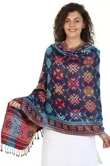 Navy & Multicolor Viscose Rayon Woven Design Shawl