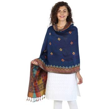 Navy & Multicolor Viscose Rayon Woven Design Shawl 1
