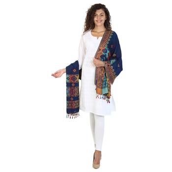 Navy & Multicolor Viscose Rayon Woven Design Shawl 4