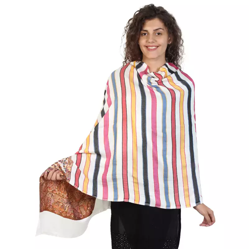 White & Multicolor Viscose Rayon Woven Design Shawl