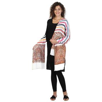 White & Multicolor Viscose Rayon Woven Design Shawl 3