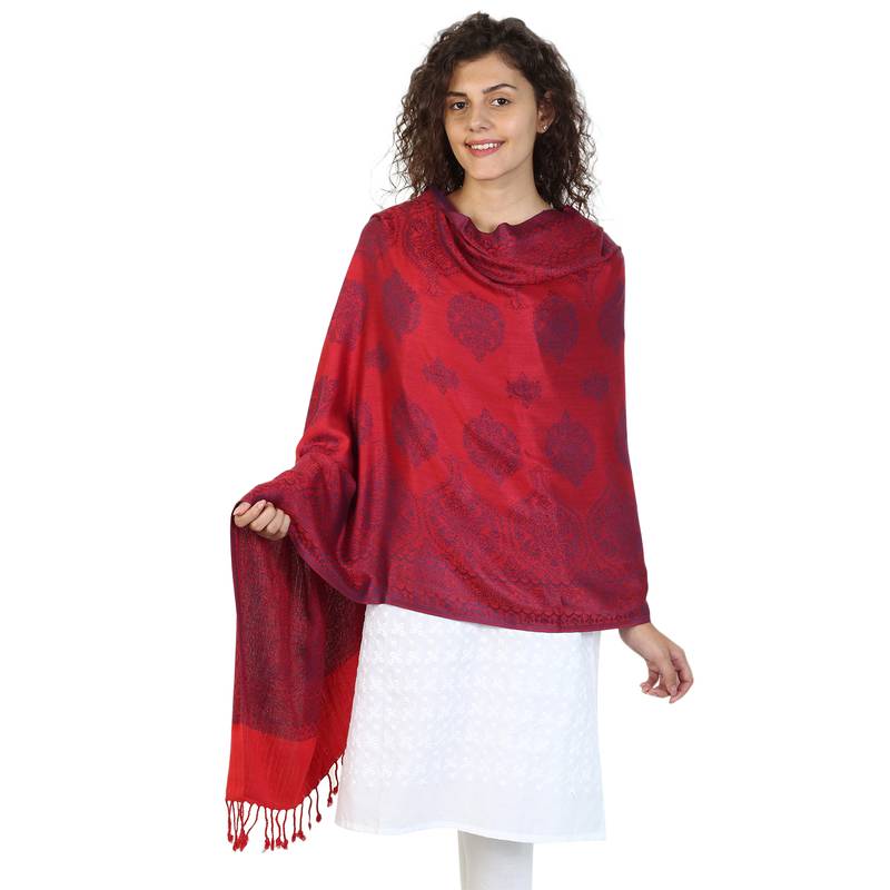 Red & Navy Viscose Rayon Woven Design Shawl