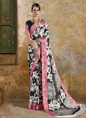 Black printed satin saree with blouse 1
