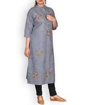 Blue Checks Cotton Embroidered Kurta 1