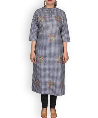 Blue Checks Cotton Embroidered Kurta 2