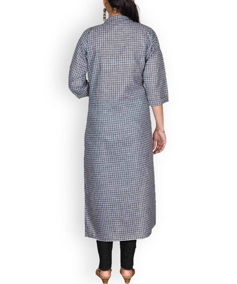 Blue Checks Cotton Embroidered Kurta