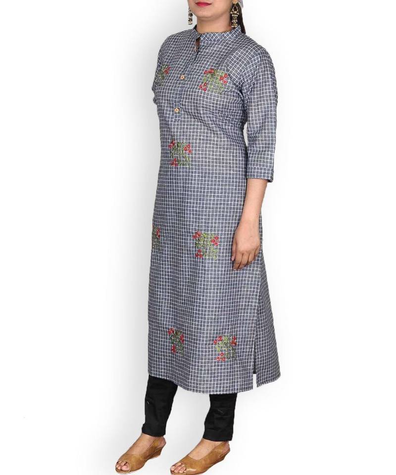 Blue Checks Cotton Embroidered Kurta