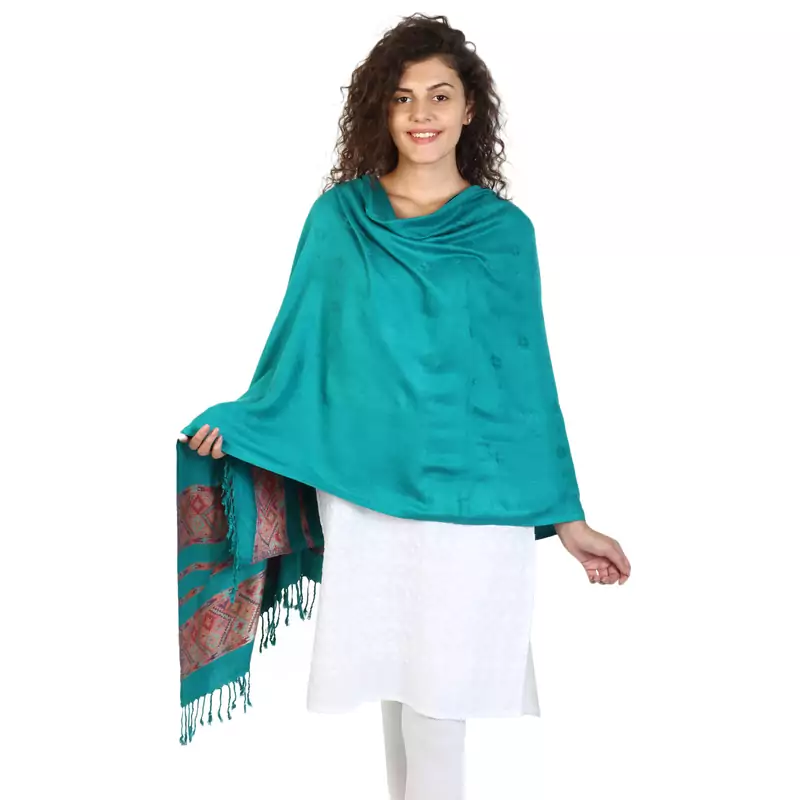Dark Jade Green Viscose Rayon Woven Design Shawl
