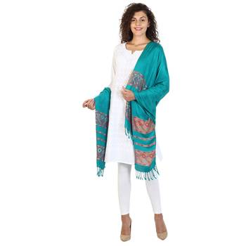 Dark Jade Green Viscose Rayon Woven Design Shawl 3