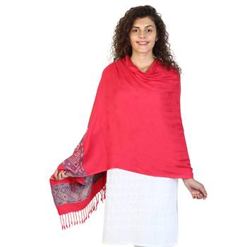 Dark Pink & Carrot Viscose Rayon Woven Design Shawl 1