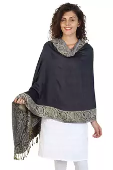Dark Navy & Beige Viscose Rayon Woven Design Shawl