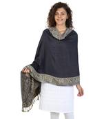 Dark Navy & Beige Viscose Rayon Woven Design Shawl