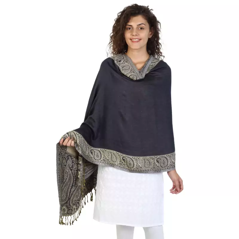 Dark Navy & Beige Viscose Rayon Woven Design Shawl