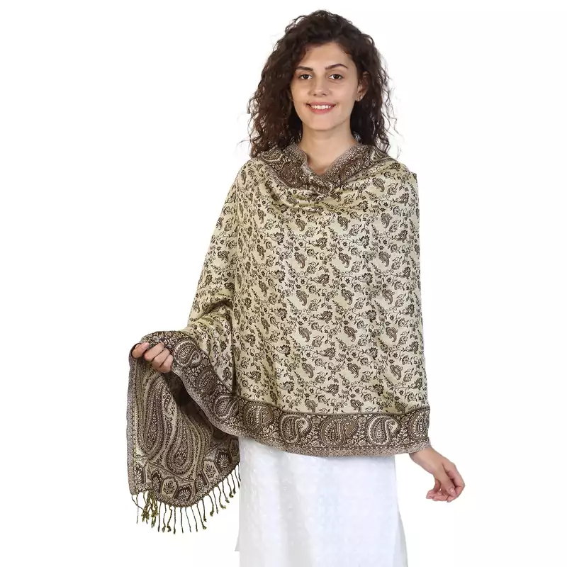 Dark Navy & Beige Viscose Rayon Reversible Woven Design Shawl