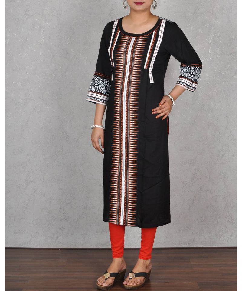 Black Rayon Printed Kurta
