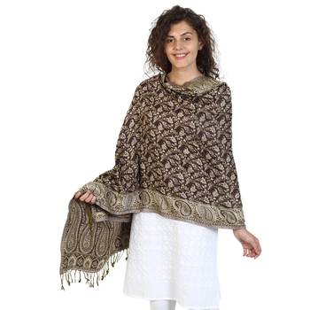 Dark Navy & Beige Viscose Rayon Reversible Woven Design Shawl 2