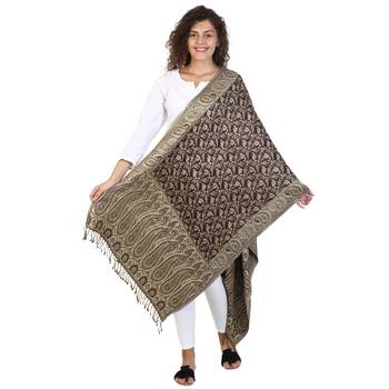 Dark Navy & Beige Viscose Rayon Reversible Woven Design Shawl 3