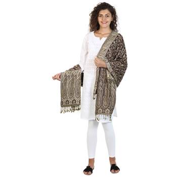 Dark Navy & Beige Viscose Rayon Reversible Woven Design Shawl 4