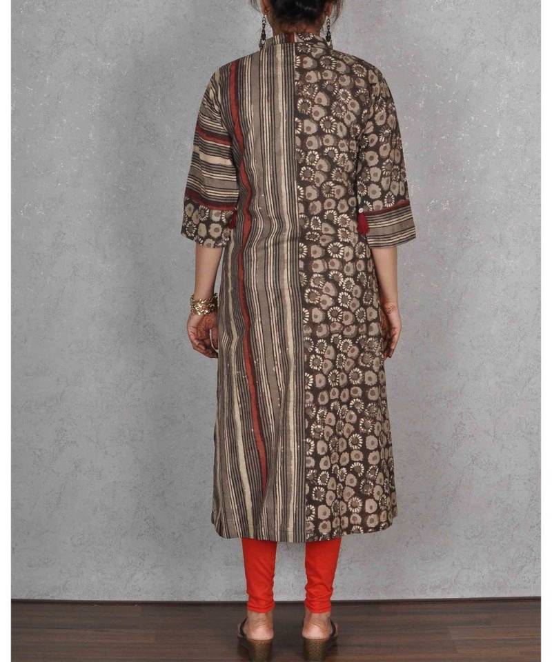 Dusty Beige & Black Cotton Printed Kurta