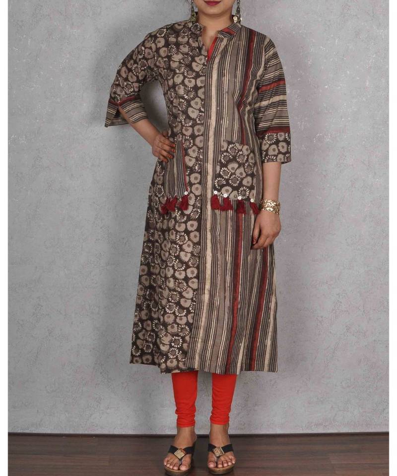 Dusty Beige & Black Cotton Printed Kurta