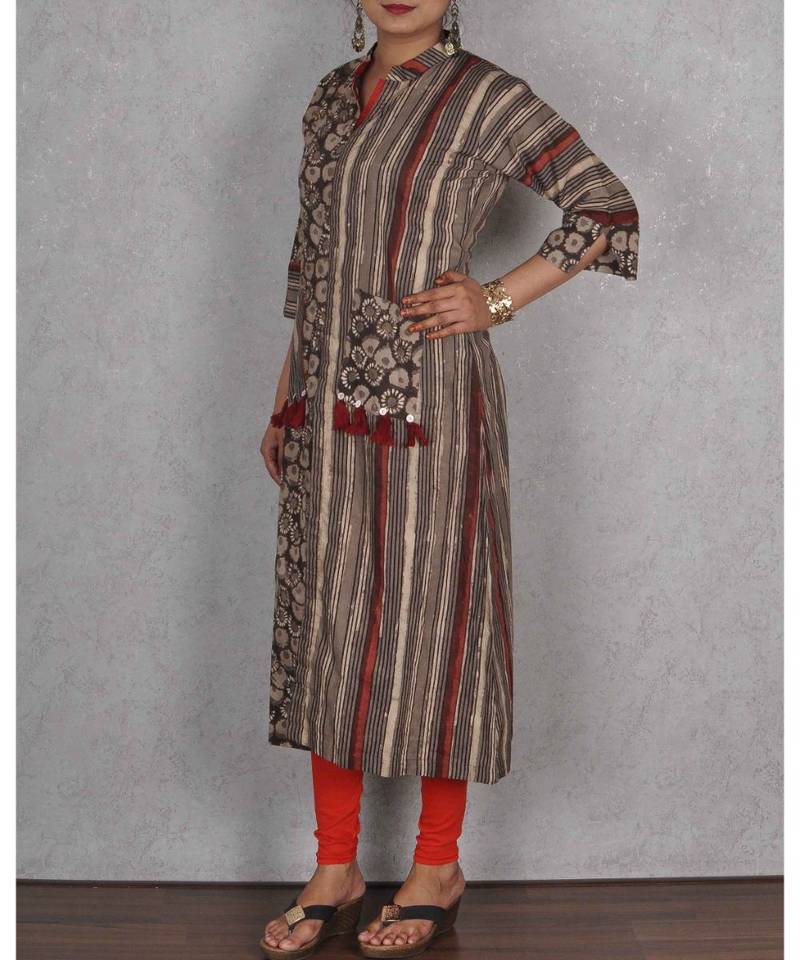 Dusty Beige & Black Cotton Printed Kurta
