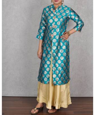Green & Beige Banarasi Silk Dress 1