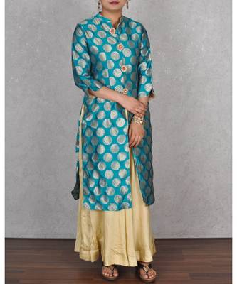 Green & Beige Banarasi Silk Dress 2