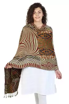 Brown & Multicolor Viscose Rayon Geometric Woven Design Shawl