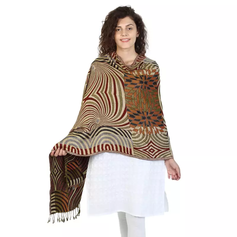 Brown & Multicolor Viscose Rayon Geometric Woven Design Shawl