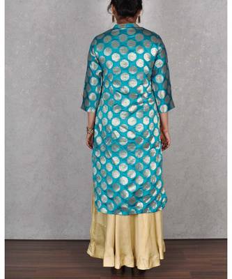 Green & Beige Banarasi Silk Dress 3
