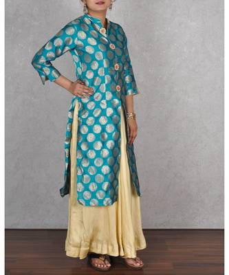 Green & Beige Banarasi Silk Dress 4