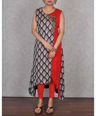 Black & Red Georgette Embroidered Dress 1
