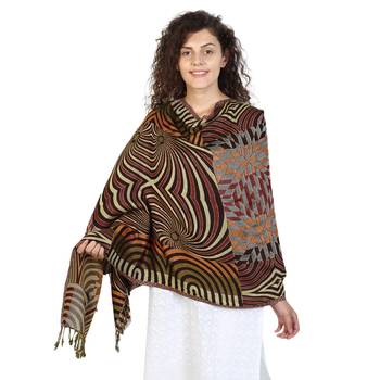 Brown & Multicolor Viscose Rayon Geometric Woven Design Shawl 2
