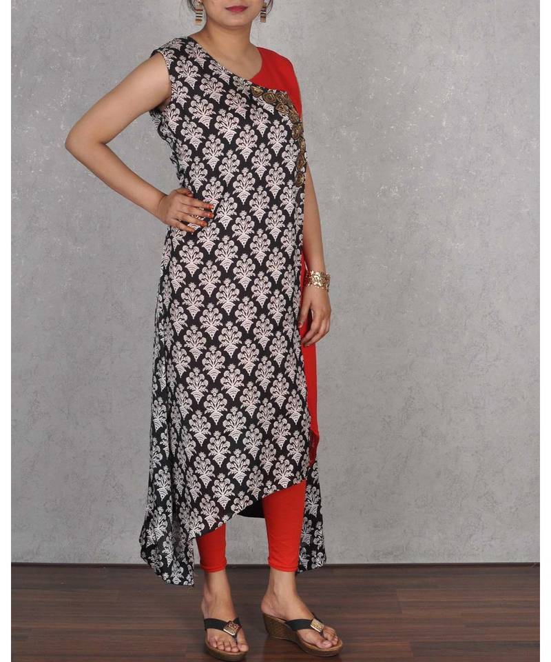 Black & Red Georgette Embroidered Dress