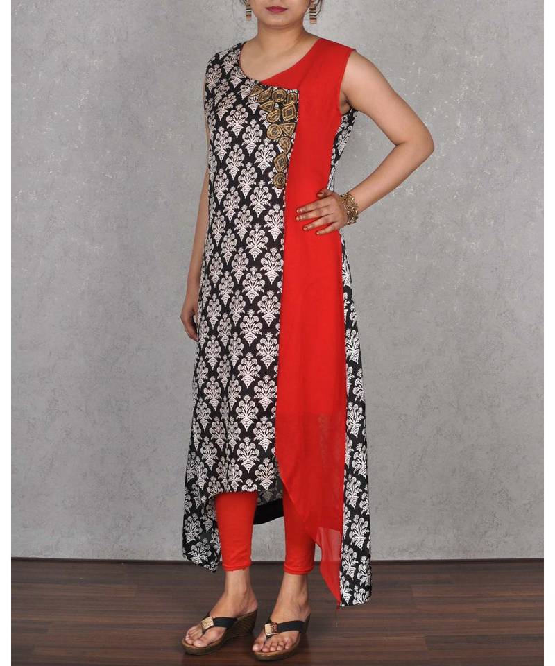 Black & Red Georgette Embroidered Dress