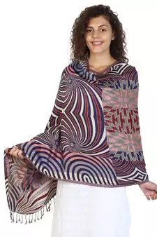 Navy & Multicolor Viscose Rayon Geometric Woven Design Shawl