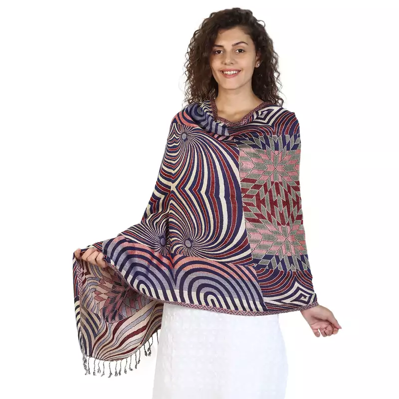 Navy & Multicolor Viscose Rayon Geometric Woven Design Shawl